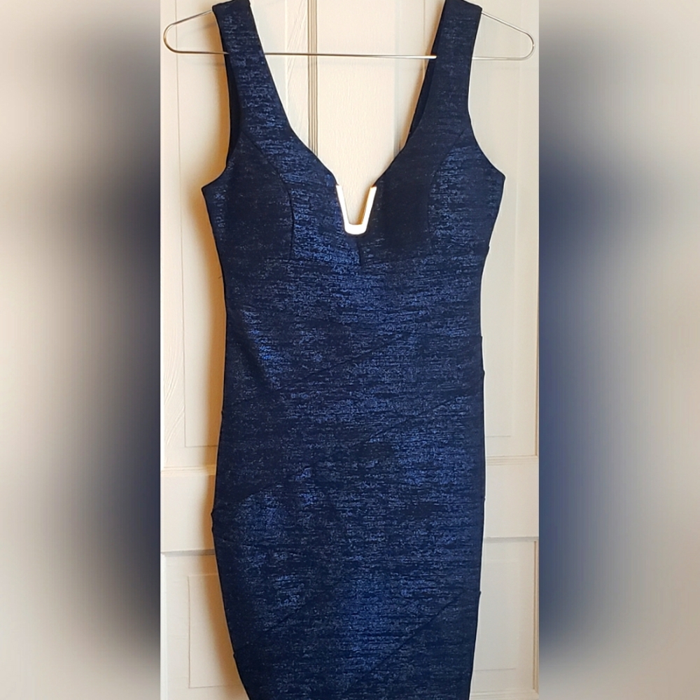 Women's Bandage Dress Strechy Bodycon Blue Gold Size Medium